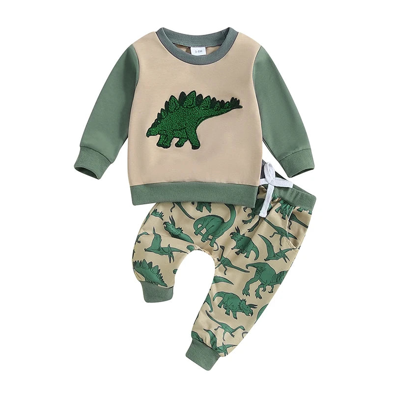 Baby Boy Fall Outfit Dinosaur Print Sweatshirt Tops and Elastic Waist Pants