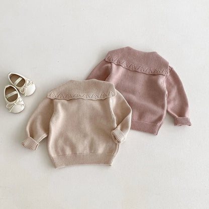 Baby Girls Lapel Hollow Out Knitwear Kids Casual Knitted Cardigan Jacket Clothes