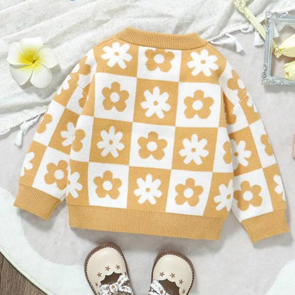 Boy Girl Knitted Flower Long Sleeve Sweater Baby Plaid Pullover Shirt Kids Warm Tops