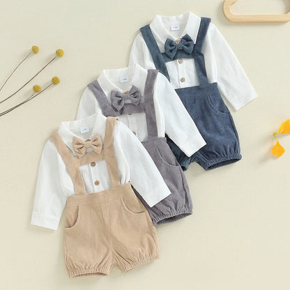 Baby Boy  Lapel Neck Romper with Suspender Shorts and Bow Tie 3Pcs