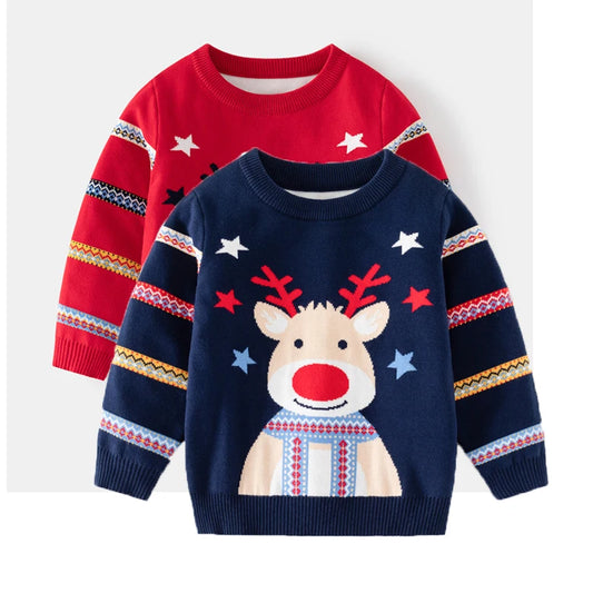 New Year Kid Sweater Long Sleeve Cartoon Print Deer Casual Loose Pullover