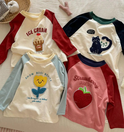 Boys Girls Cute Embroidery Bottoming Shirt Kids Cotton Patchwork Tops