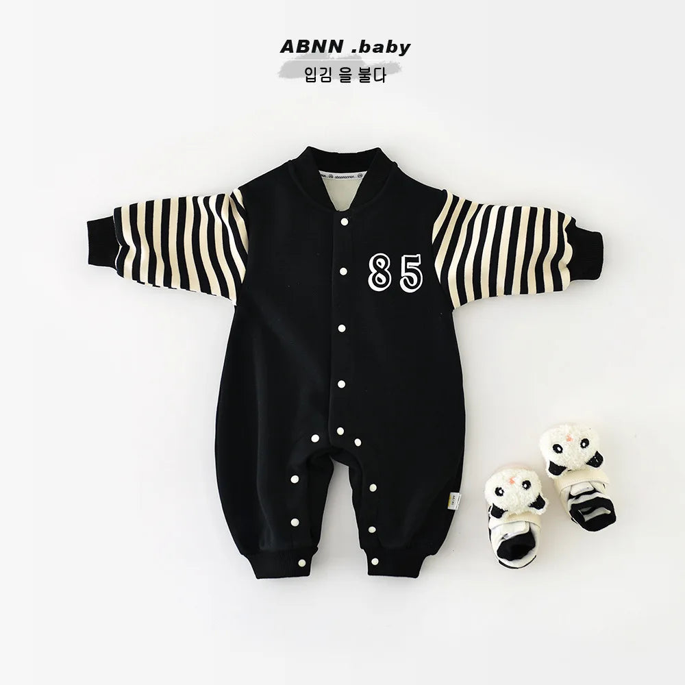 Boy Girl Newborn Letter Print Jumpsuit Plus Velvet Thick Infant Toddler Warm Clothes