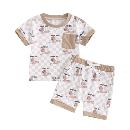 Baby Boys Shorts Set, Baseball Print Short Sleeve T-shirt with Elastic Waist Shorts