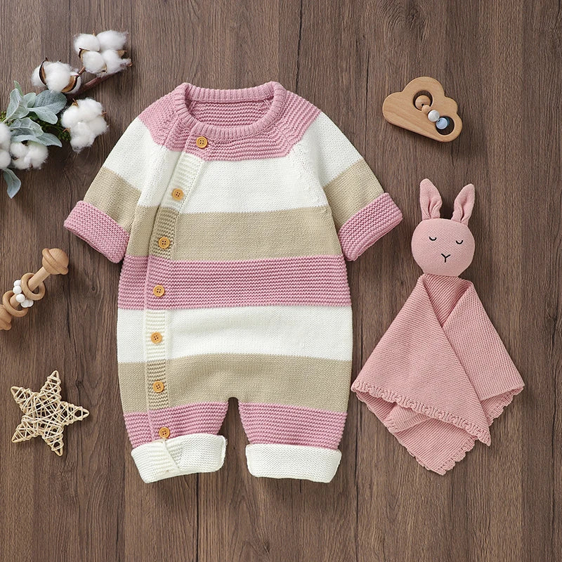 Baby Girl Boy Sweater Romper Striped Crew Neck Long Sleeve Jumpsuit