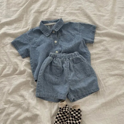 Girl/Boys Solid Shirt Short Sleeves Turn-down Collar T-shirt And Short Jeans