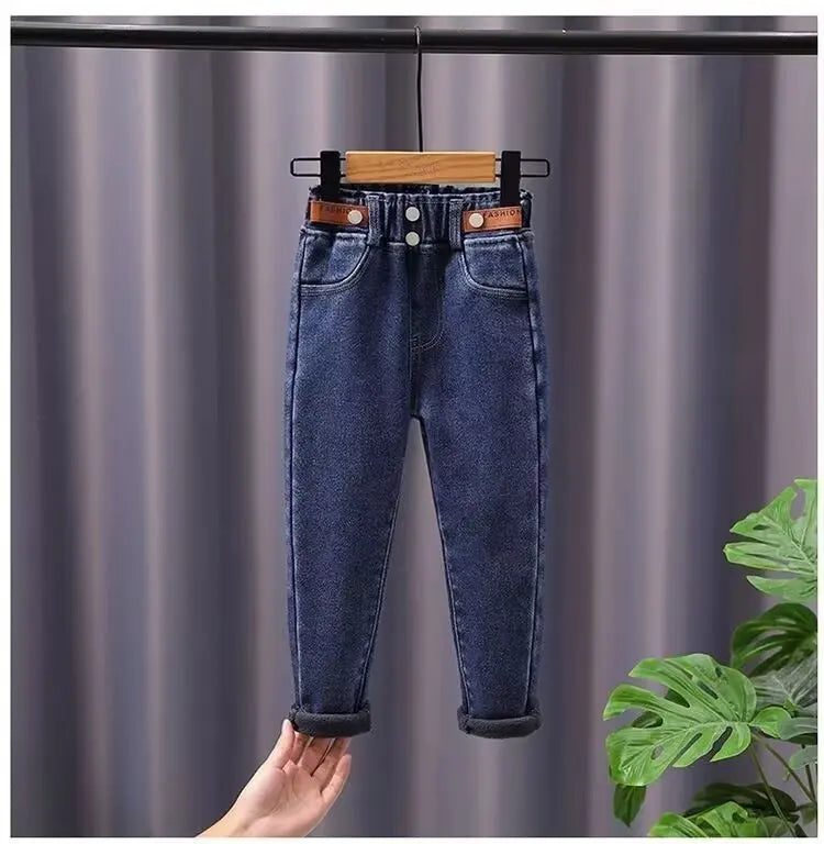 New Winter Thick Warm Fleece Straight Jeans Boys High Waist Warm Denim Pants