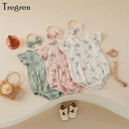 Toddler Girls Cotton Fly Sleeve Floral Print Romper Top Hair Band 2pcs Outfits