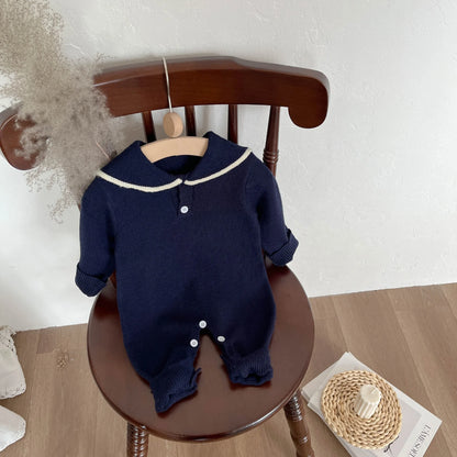 Baby Long Sleeve Knitted Romper Sailor Collar Newborn Clothes Casual Jumpsuit