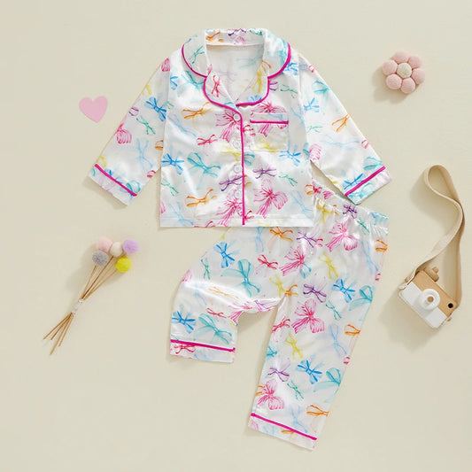 Toddler Girls Satin Pajama Set, Bow Print Tops Elastic Waist Pants