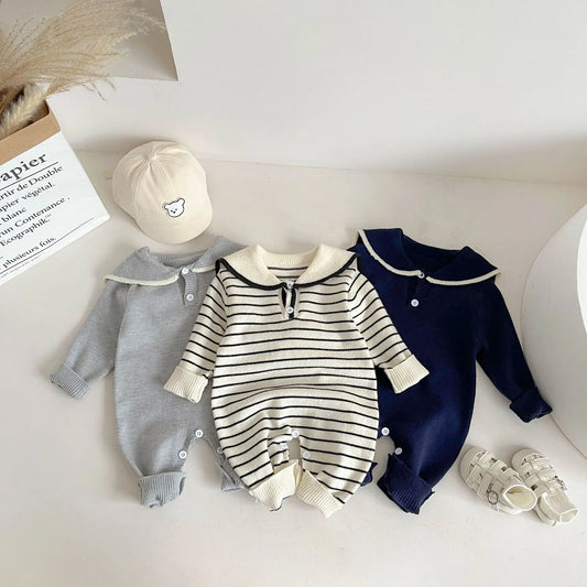 Baby Long Sleeve Knitted Romper Sailor Collar Newborn Clothes Casual Jumpsuit