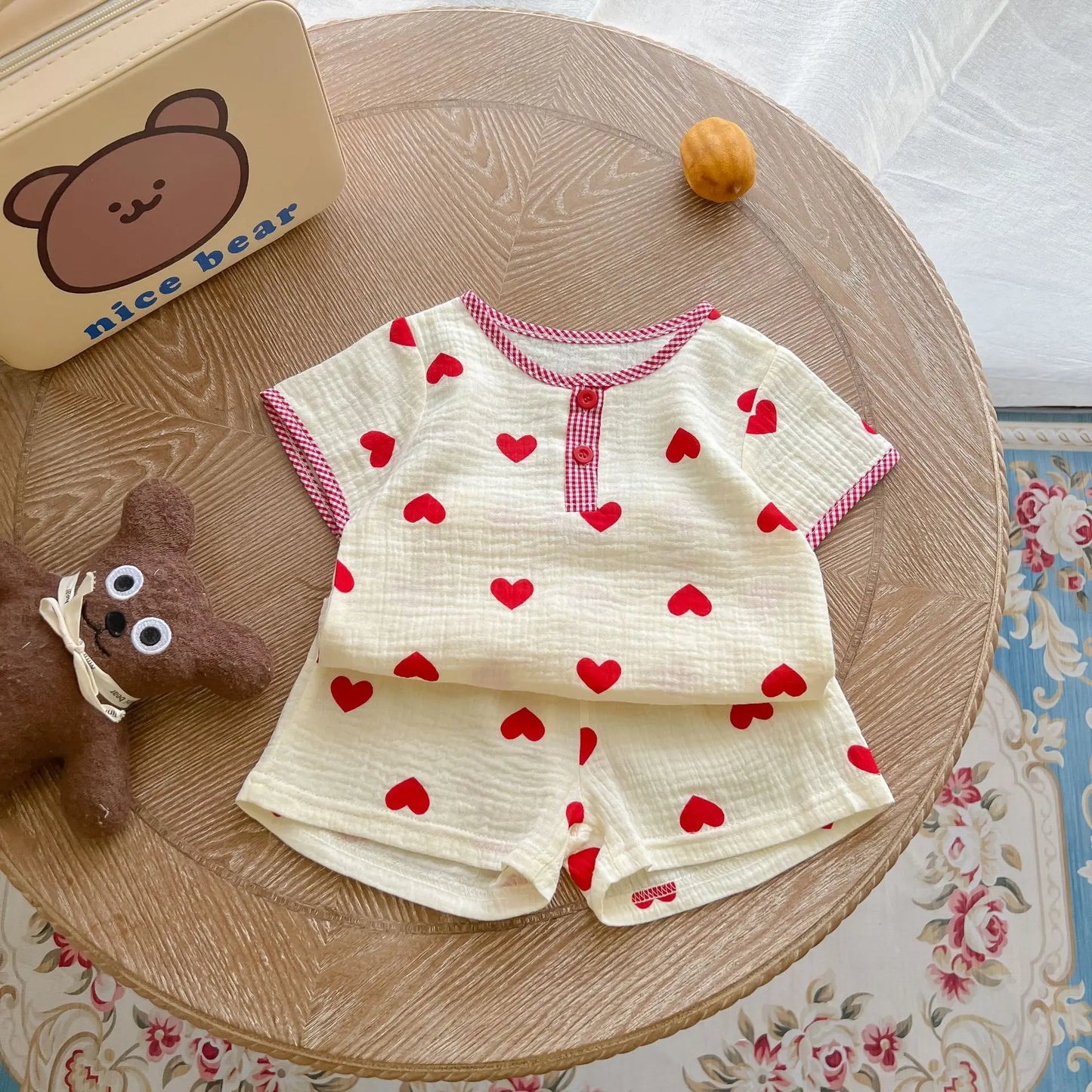 New Casual Set Cute Bear T-shirt Baby Girl Cherry Short Sleeves Tops