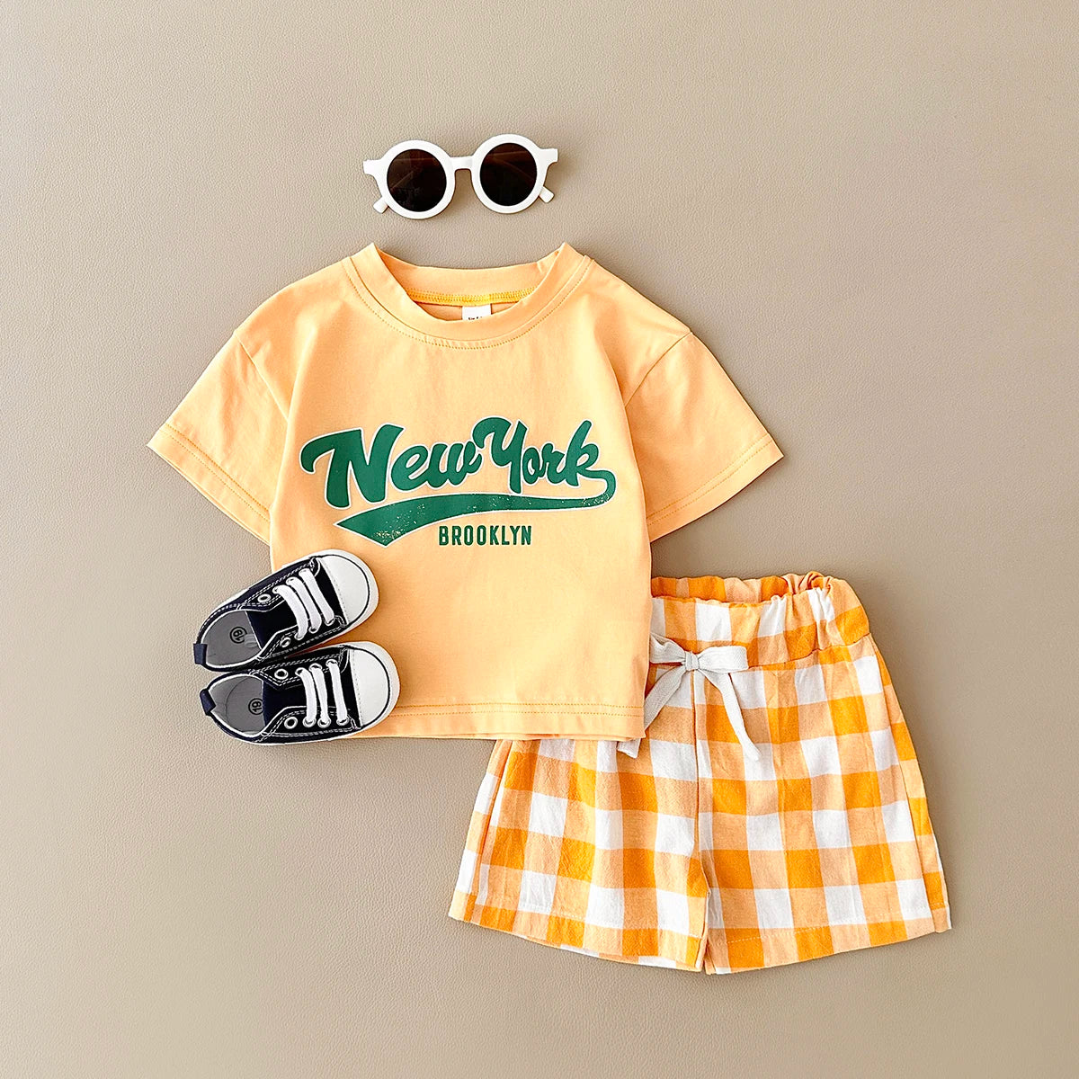 Newborn Baby Boys/Girls Clothing Set New York Print T-shirt+Checkered Shorts