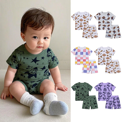 Kids Short Sleeved Suit Baby Boys Girls Clothes Bamboo Fiber Clothing Sets Full Print Sleepwear Costume For Children