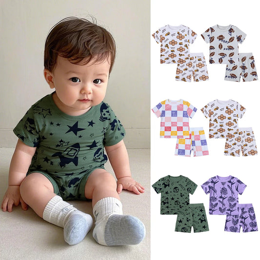 Kids Short Sleeved Suit Baby Boys Girls Clothes Bamboo Fiber Clothing Sets Full Print Sleepwear Costume For Children