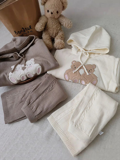 Girl Knitted Sweater Set Children Knitwear Hooded Cartoon Bear Pullover Tops And Pants