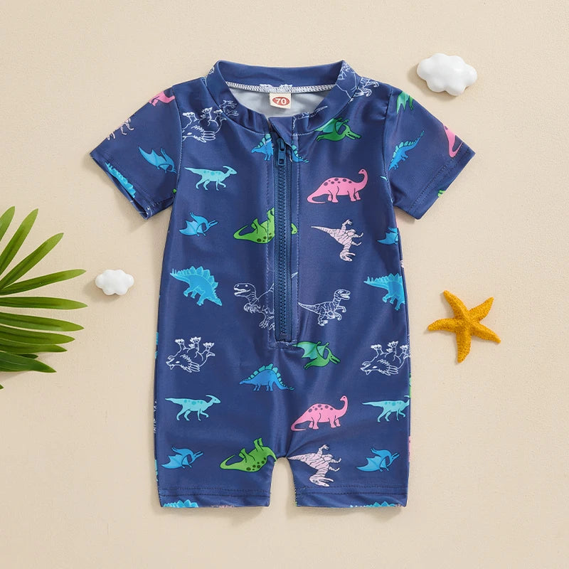 Baby Boy Swimming Costume Cartoon Print Swimwear Short Sleeve Bathing Suit