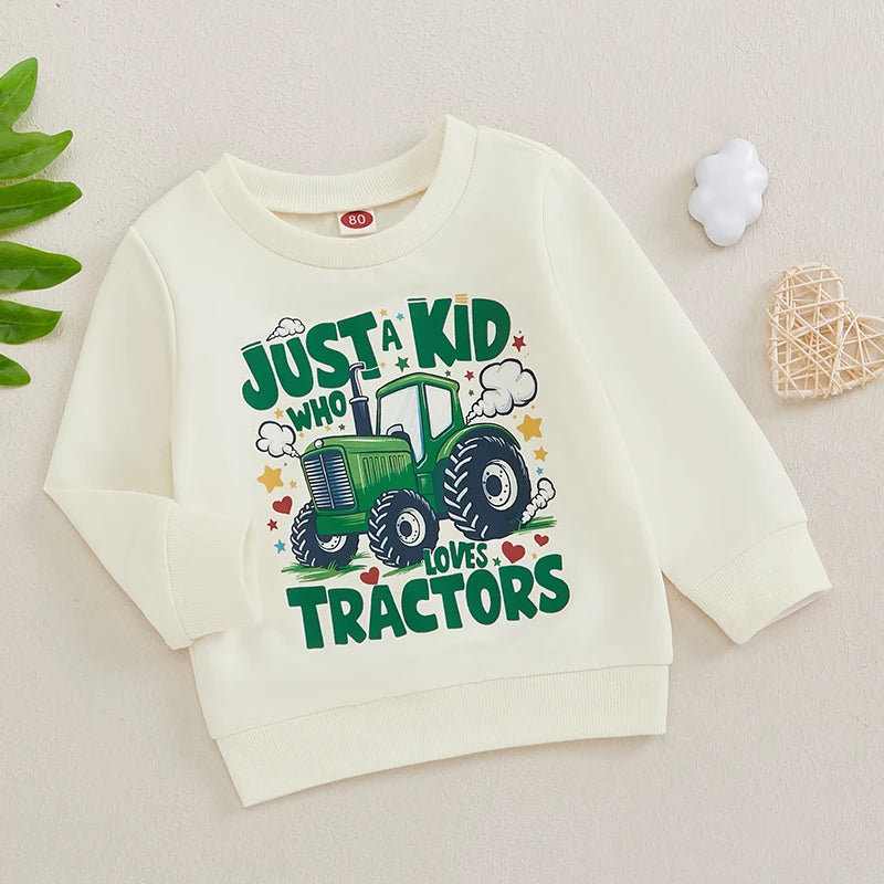 Toddler Boys Sweatshirts Classic Tractor Print Long Sleeve Crew Neck Pullovers