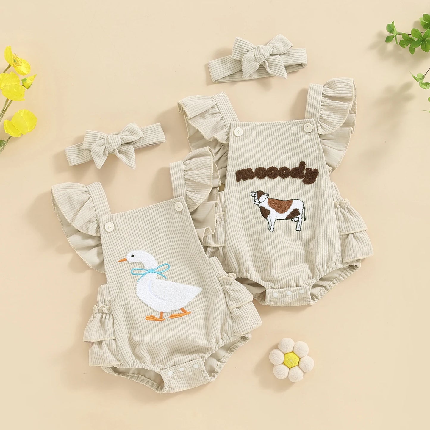 Baby Girls Fuzzy Duck/Cow Embroidered Ruffles Fly Sleeve Romper with Headband