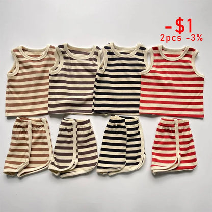 Summer Boy Girl Children Waffle Striped Sleeveless Tops + Shorts 2pcs