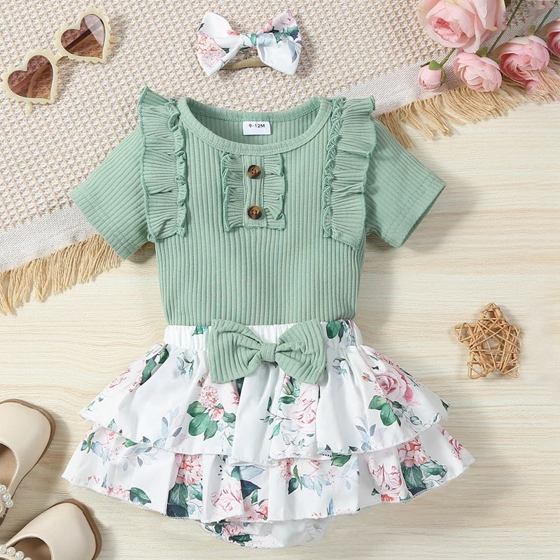 Baby Girls Solid Color Ruffle Romper and Floral PP Shorts Headband Sets