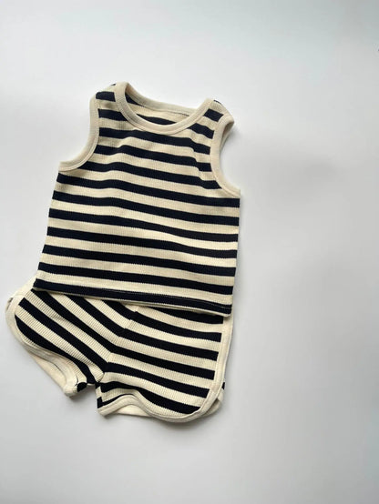 Summer Boy Girl Children Waffle Striped Sleeveless Tops + Shorts 2pcs