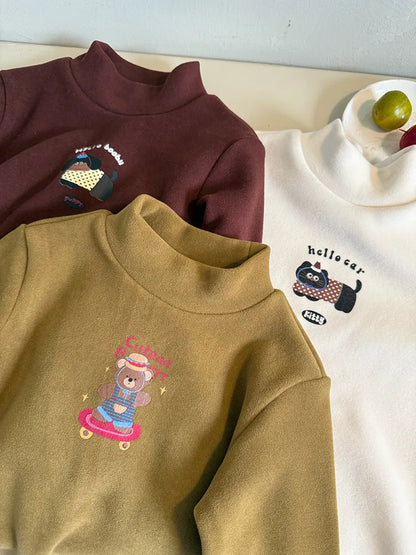 Children Half High Collar Fleece Bottoming Shirts Cotton Boys Girls Cartoon Tops