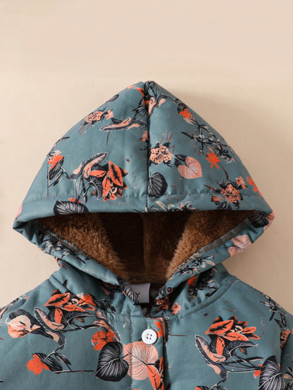 Girls Soft Cotton with Plant Leaf Print Single-Breasted Hooded