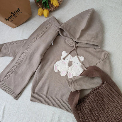 Girl Knitted Sweater Set Children Knitwear Hooded Cartoon Bear Pullover Tops And Pants