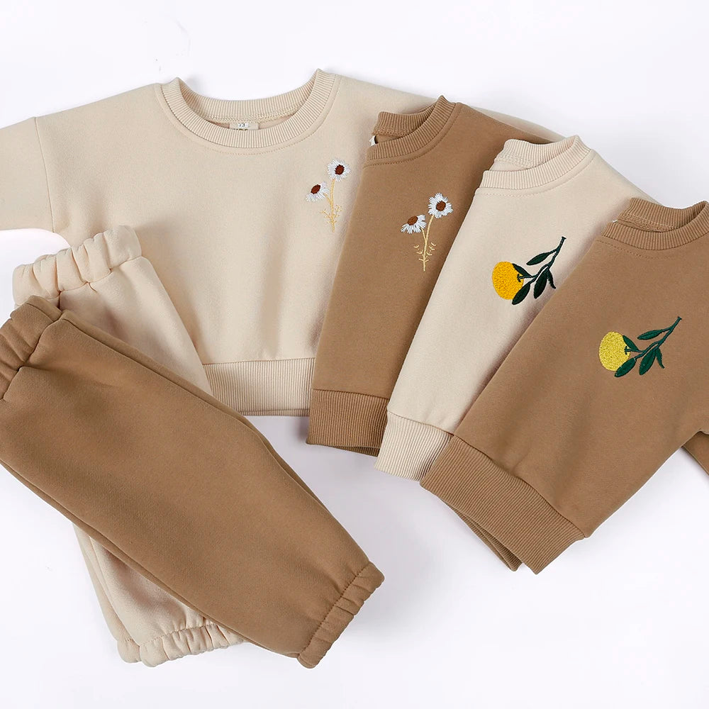 Baby Boy Girl Embroidery Flower Thick Fleece Sweatshirt + Pants 2Pcs Warm Tracksuit