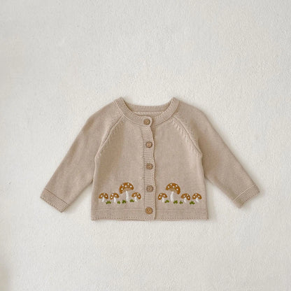 Baby Long Sleeve Sweater Coat Mushroom Embroidery Infant Boy Girl Knitted Cardigan