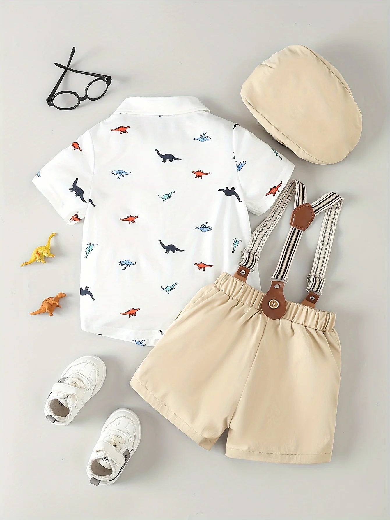 Boys summer short sleeved cute dinosaur printed bow shirt +strap shorts +hat set