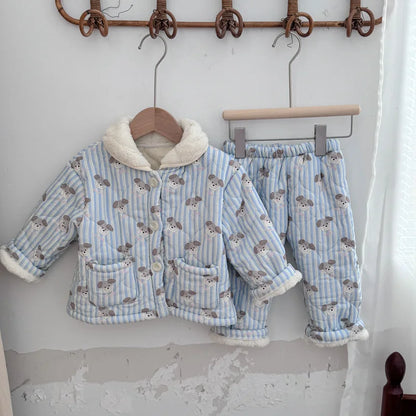 New Children Plus Velvet Thick Pajamas Suit Boys Girls Cartoon Print Home Clothes Set