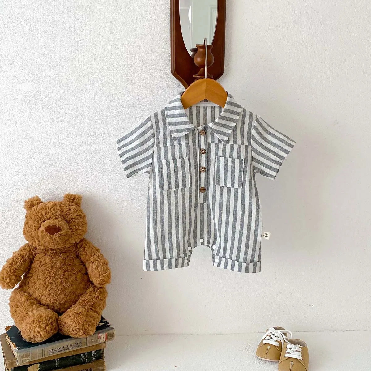 Baby Striped Polo Collar Short Sleeve Romper/Jumpsuit Cotton One-piece