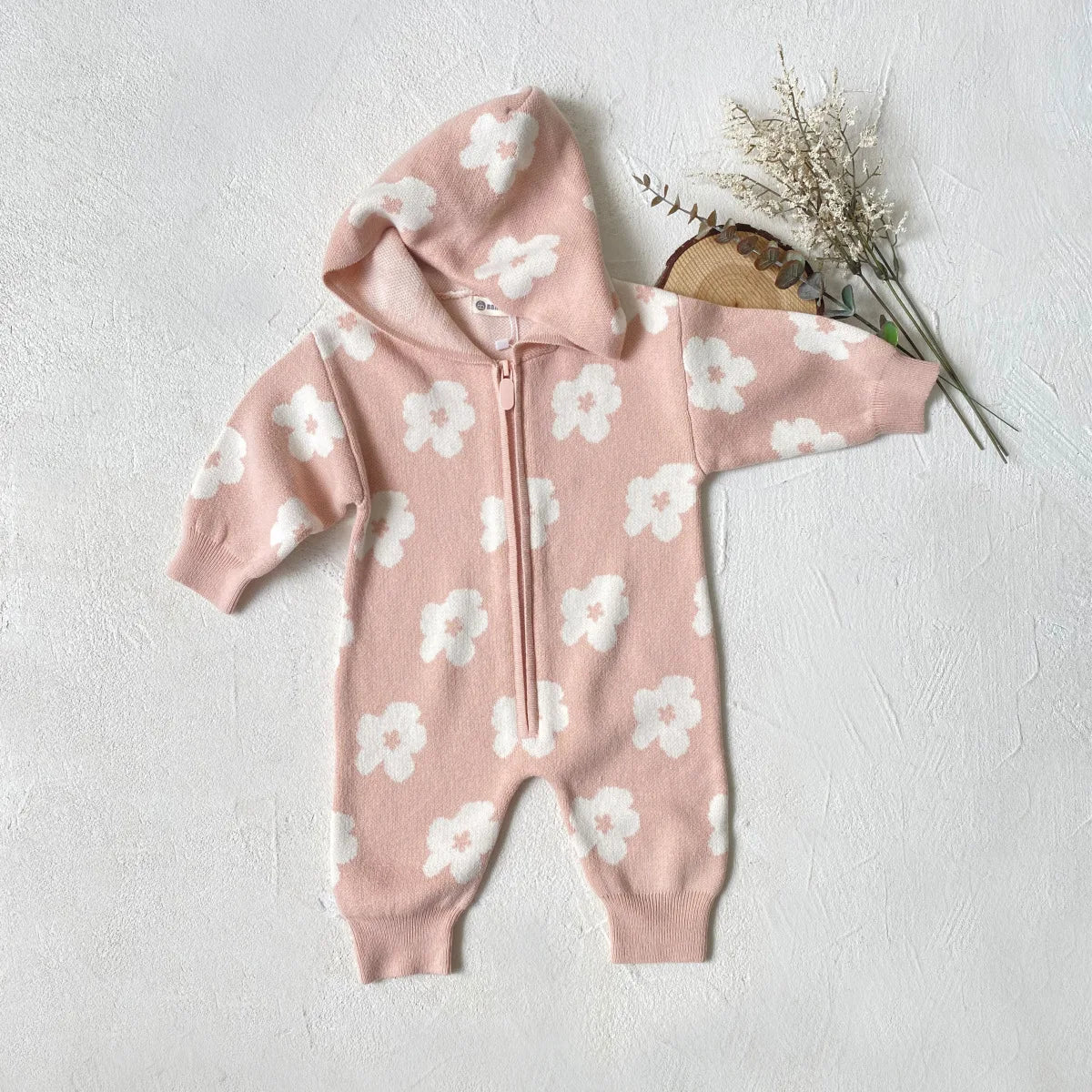 Baby Long Sleeve Knit Romper Newborn Flower Print Sweater Hoodie Jumpsuit