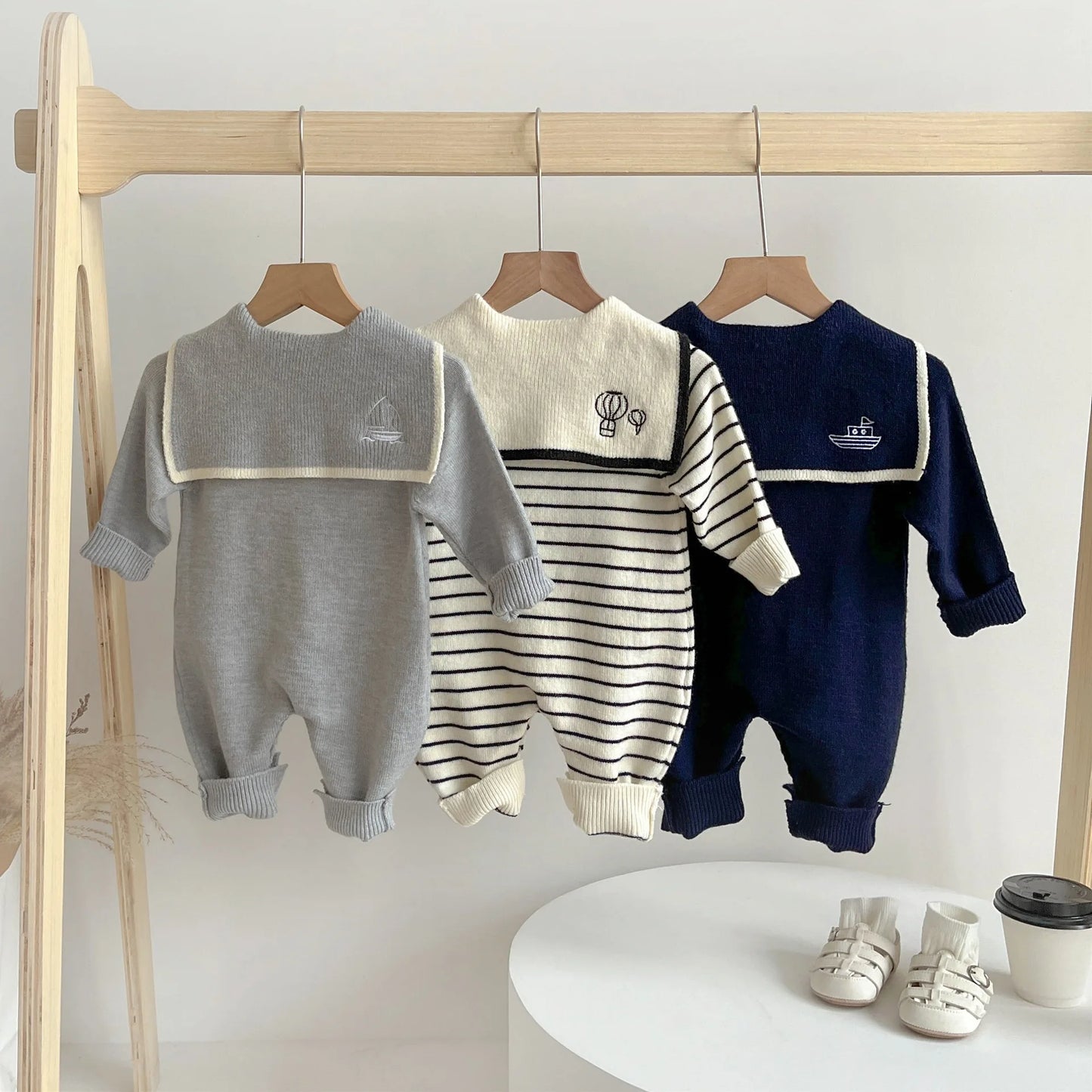 Baby Long Sleeve Knitted Romper Sailor Collar Newborn Clothes Casual Jumpsuit