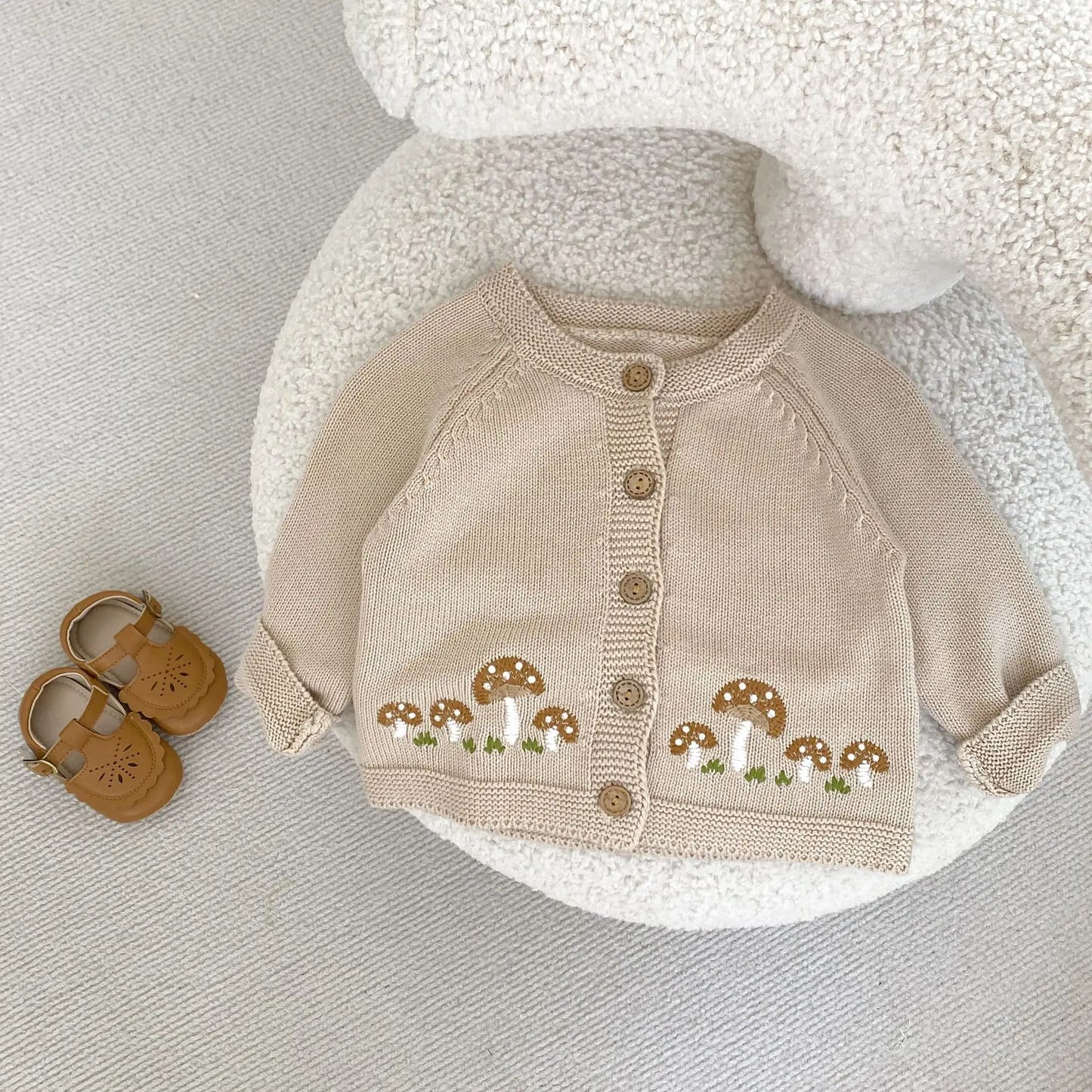 Baby Long Sleeve Sweater Coat Mushroom Embroidery Infant Boy Girl Knitted Cardigan