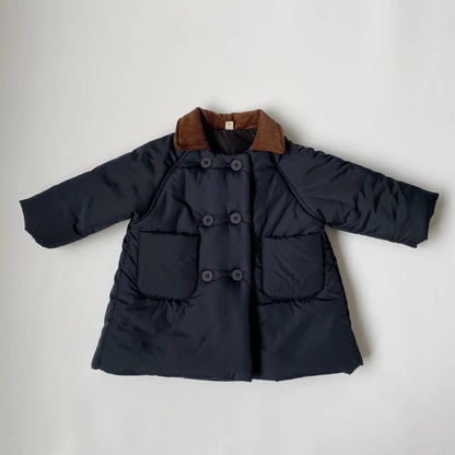 Boys Solid Long Cotton-padded Jacket Turn-down Collar Outwear Coat