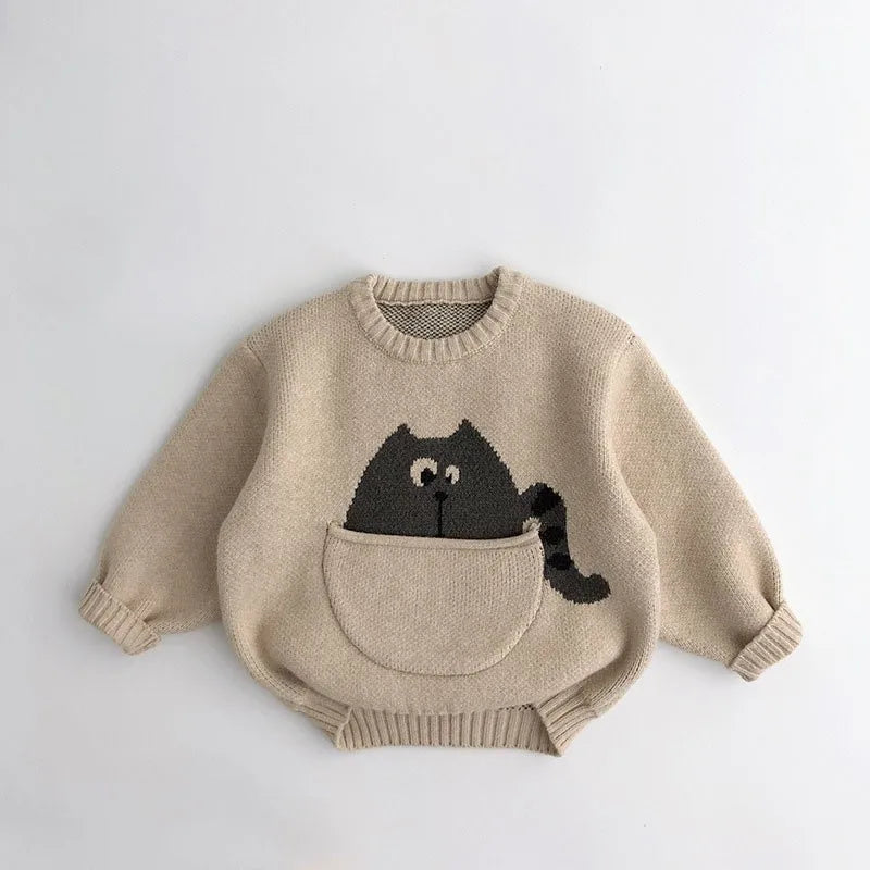 New Cartoon Pullover Sweater Boys Pocket Panda Knitted Shirt Girls Loose Cute Tops