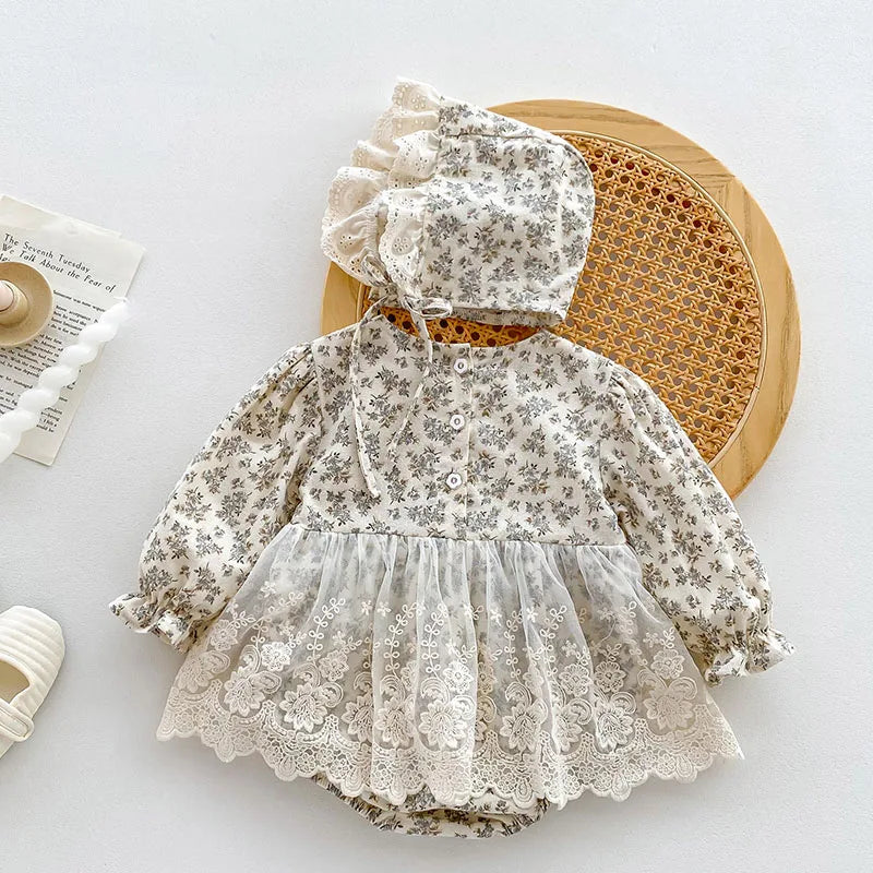 Newborn Baby Girls Bodysuits+Hat Cotton Print Lace Stitching Baby Girls Jumpsuit