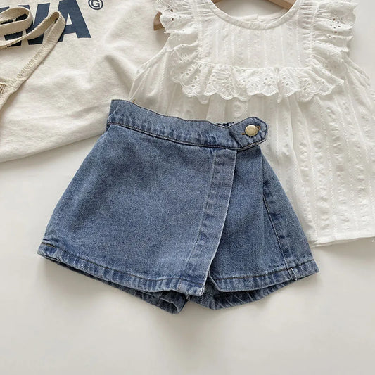 New Girl Skirt Shorts Solid Elastic Waist Button Soft Denim