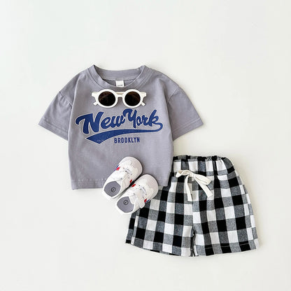 Newborn Baby Boys/Girls Clothing Set New York Print T-shirt+Checkered Shorts