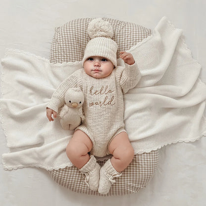 Newborn Photography Romper with Matching Pomp Hat Baby Boy Girl Sweater Outfits for Photo Shooting
