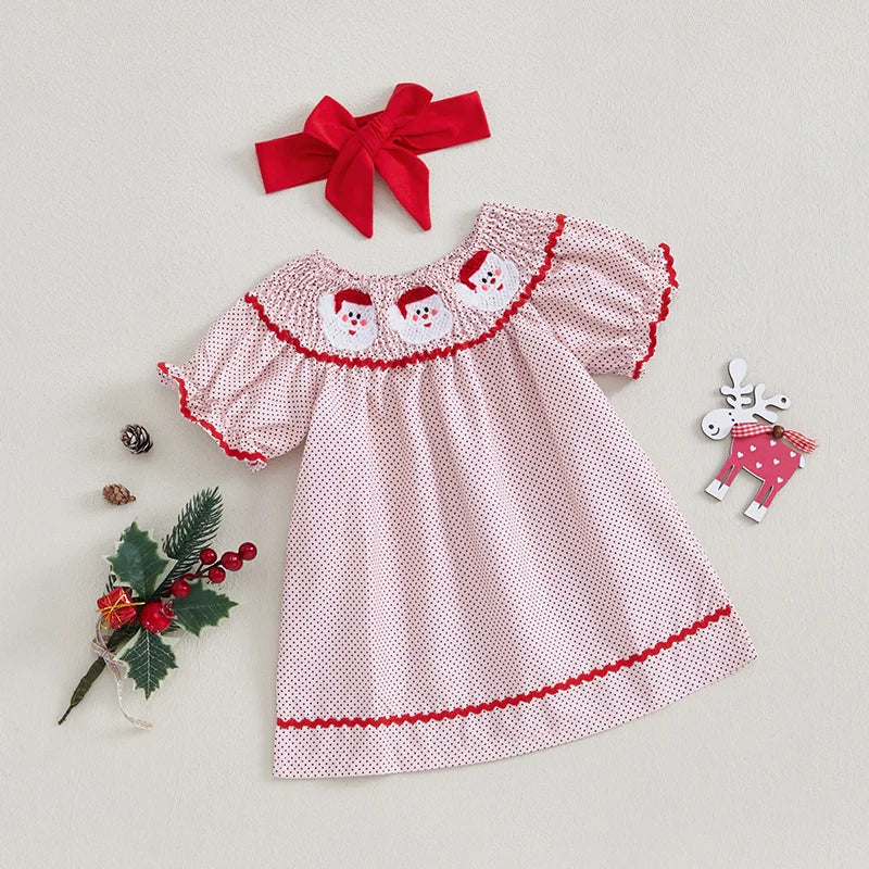 Toddler Girls Christmas Santa Embroidery Elastic Collar Short Sleeve Dress with Headband