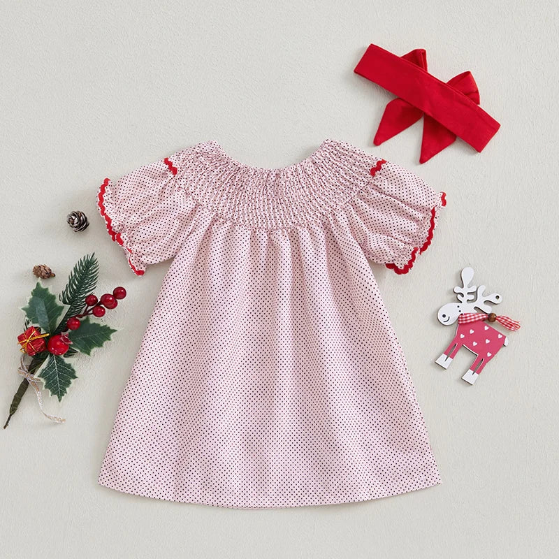 Toddler Girls Christmas Santa Embroidery Elastic Collar Short Sleeve Dress with Headband