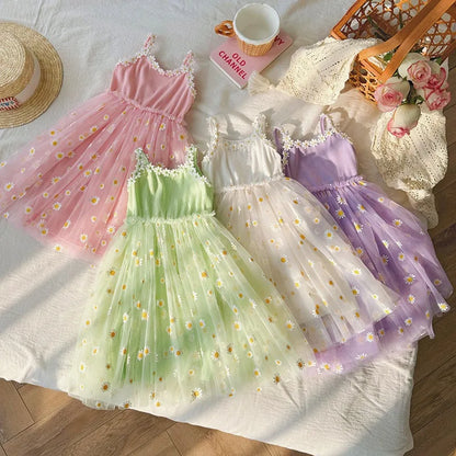 Children Suspenders Puff Princess Dress Little Daisy Flower Mesh