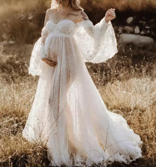 Maternity Shoot Dresses Dense Pearl White Yarn Dress Pregnancy Photography Gown Pregnant Women Maxi Dress