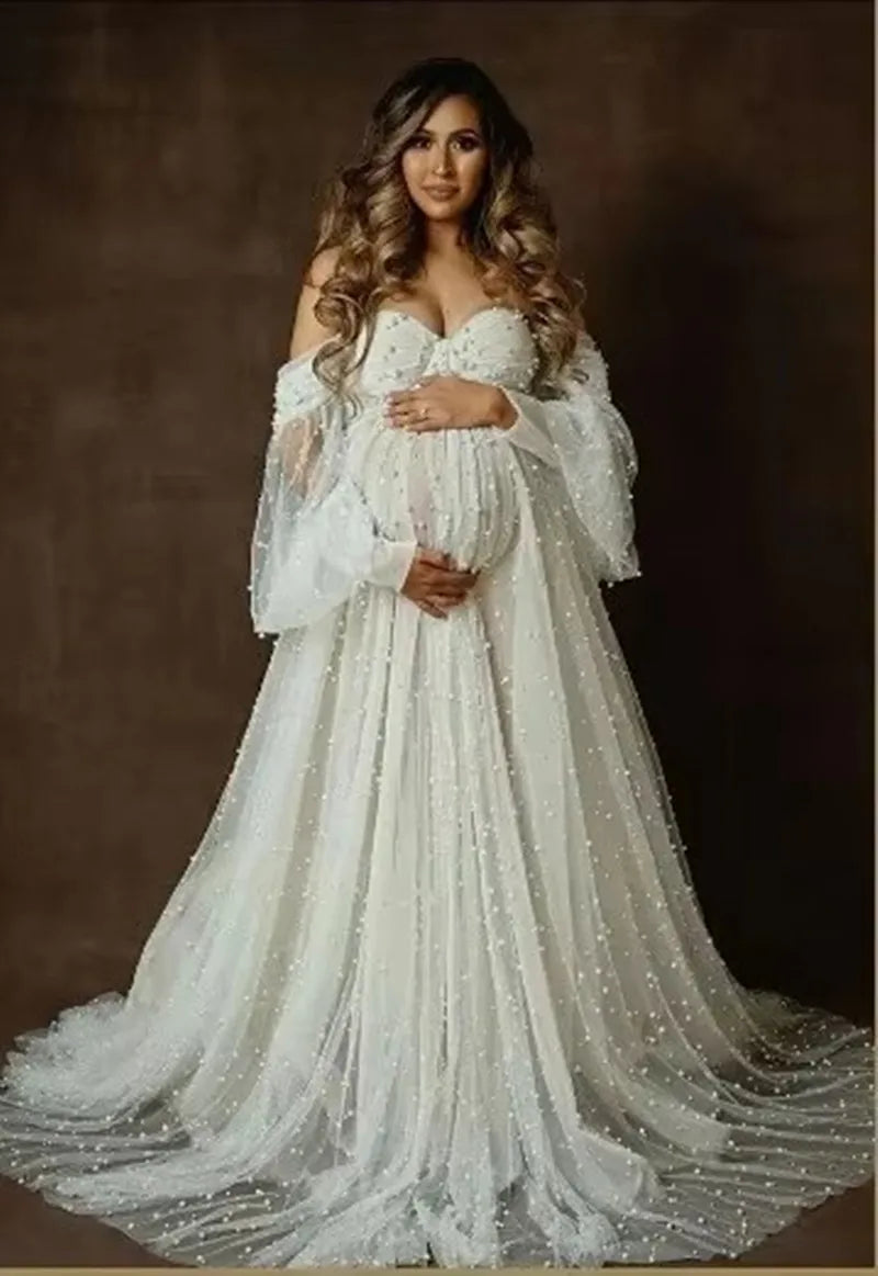 Maternity Shoot Dresses Dense Pearl White Yarn Dress Pregnancy Photography Gown Pregnant Women Maxi Dress