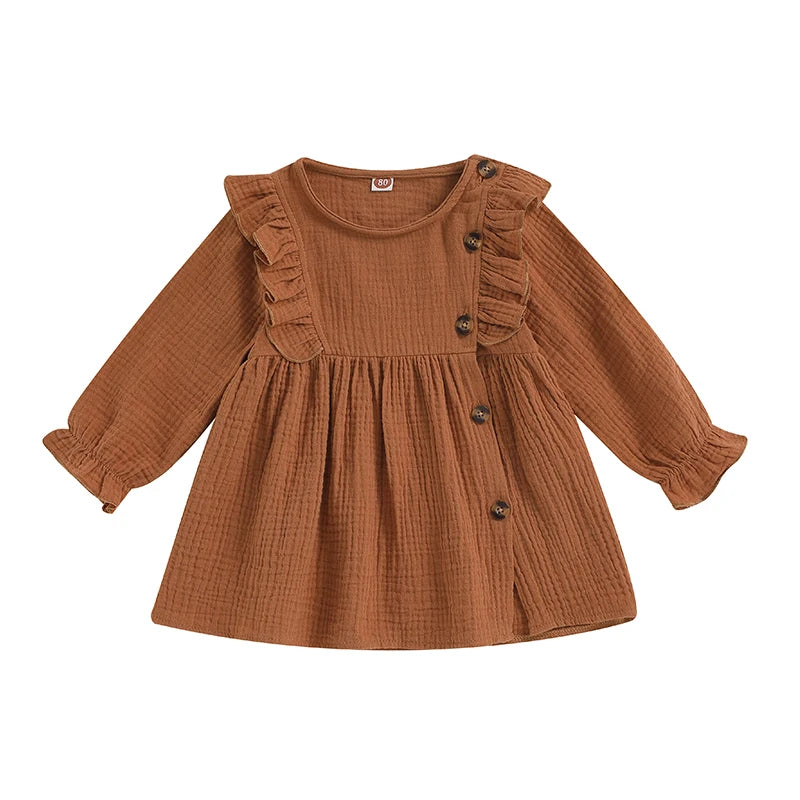 Baby Girl Dress, Crew Neck Buttons Solid Color Ruffled A-line Dress