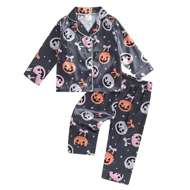 Girls Halloween Pajama Sets Pumpkin/Bow Print Shirt Pants Fall Sleepwear